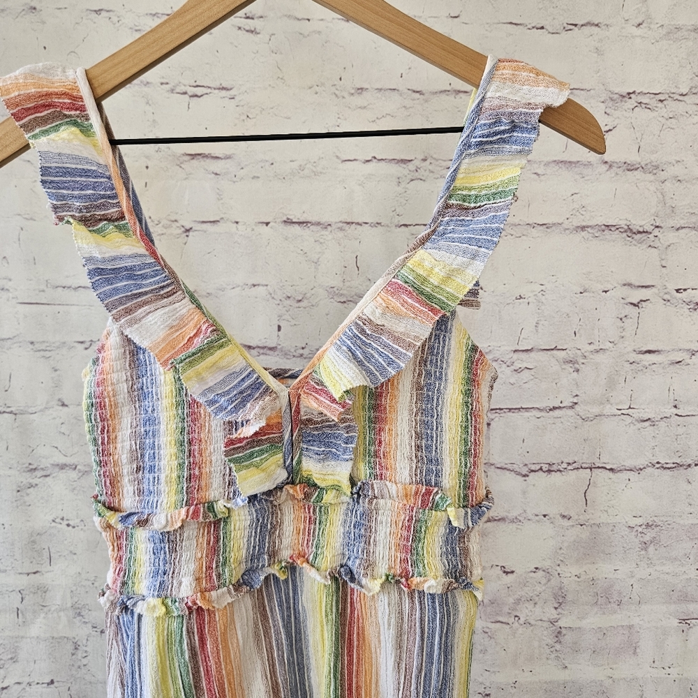 Saylor Alma Dress Rainbow Striped Crepe Smocked Bust Ruffle Strap Dress Small - Picture 4 of 15